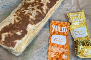 Cheesy toasted breakfast burrito bacon + potatoes $2.50