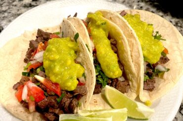 Homemade Carne Asada tacos and homemade salsa/guacamole to celebrate my birthday.