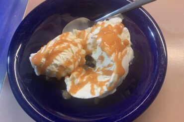 Dessert: good vanilla ice cream with fermented strawberry/banana/T-Rex hot sauce!