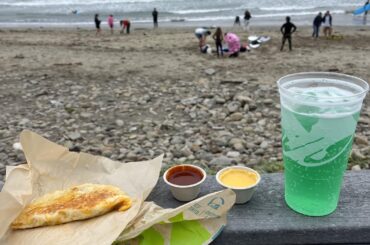 Dipping taco at Taco Bell Cantina. Pacifica, CA