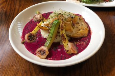 Chicken breast stuffed with goat cheese and pear, with guava and zucchini, covered with mole rosa (beet with chillies) | Sigature Dish | Modesto Paniagua