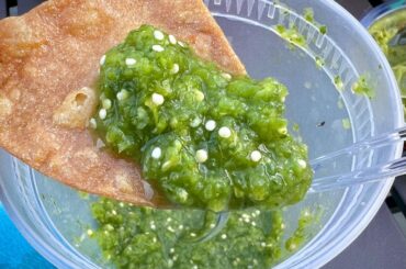 Salsa verde made from my final tomatillo and pepper harvest, served with carnitas and homemade tortilla chips