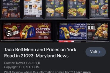 Prices from I think 2014? I paid $21.36 for a Crunchwrap supreme, a supreme cheese DLT, 2 2-packs of Cinnabon(4), a bean burrito, and a regular Baja freeze. This menu said it would be $9.85 before a 9% tax.