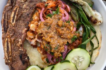 Chile manzano salsa w/ tomalley over grilled shrimp and chorizo