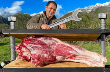 A Huge Beef Leg With Salt Cooked Under A Press Without Fire!