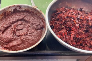 2 pounds of dried anaheims rehydrated and pulped for chorizo.