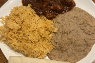 Tried my hand at Chile Colorado, Frijoles Refrito & Arroz Mexicano w. White Corn Tortillas.