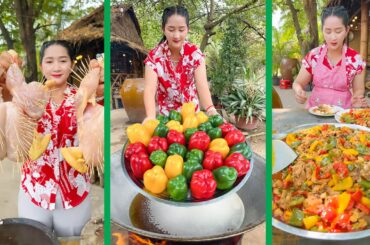 Belly pepper fry and cook chicken tooth stick, stir fry red pepper recipe | Cooking with Sros