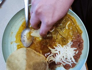 This is how, we mexicans, eat at the rancho. On the menu: Nopales (prickly pear cactus) with green chile sauce, beans and cheese.