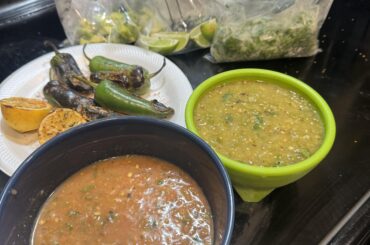 My salsa Roja, and my salsa Verde, 20 years in the making With onions and cilantro for topping lime and avocado. This going on my New York strip Street tacos tonight