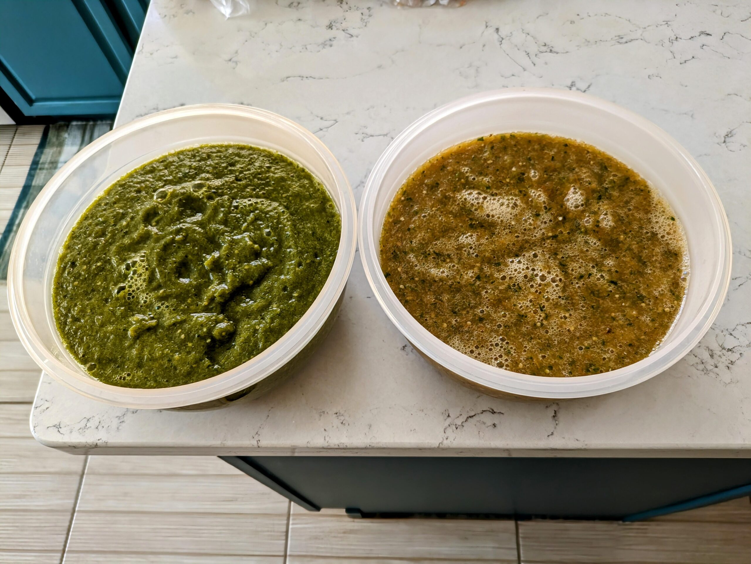 Roasted chile verde on the left and roasted salsa quemada on the right.
