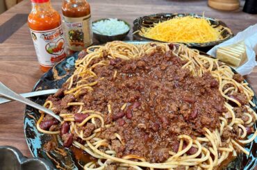Rach's Spicy Cincinnati Chili Over Spaghetti