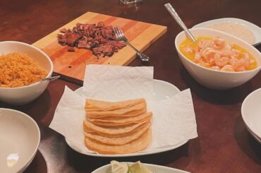 Trying first time making sauce - carne asada, verde, Spanish rice, camarones al mojo de ajo