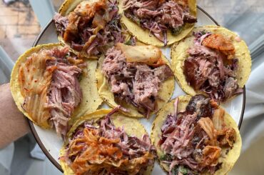 Pulled pork + kimchi + purple slaw on handmade tortillas