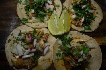 My half-assed British attempt at pollo asado tacos. I live in a tiny upstairs flat in rainy England, so the chicken's oven-roasted rather than grilled, but I scored some authentic Mexican chilies and achiote paste for the marinade and it tasted great.
