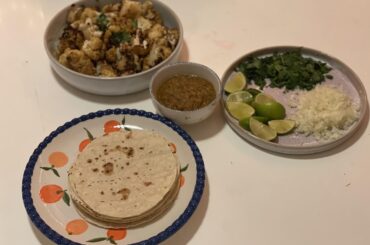 Cooked Cauliflower Tacos with roasted salsa roja