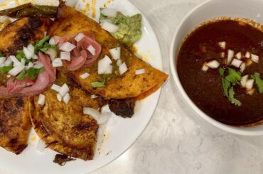 Quesabirrias with roasted salsa, pickled onions, and guacamole
