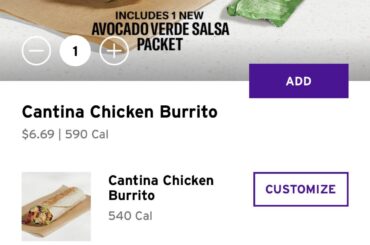 This is the $2 Chipotle Ranch Grilled Chicken Burrito just with cabbage and onion for $6.69.