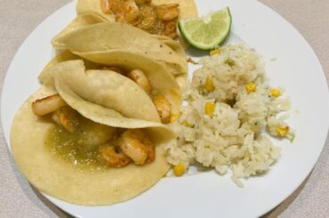 Shrimp tacos with white rice on the side