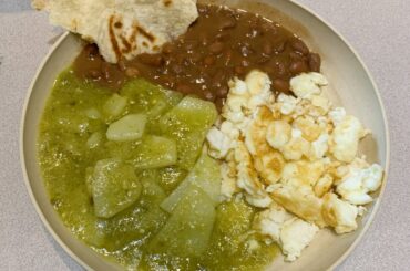 What I had for lunch; Sliced potatoes with green chile sauce, fried eggs and beans.
