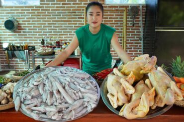 '' Squid and Chicken Recipes '' Yummy Fresh squid and Native chicken cooking - Cooking with Sreypov