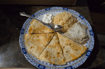 Steak quesadillas, rice and beans for dinner