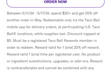Spend $20 get 20% off later in May 2024