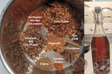 Homemade spicy chili oil, before and after.