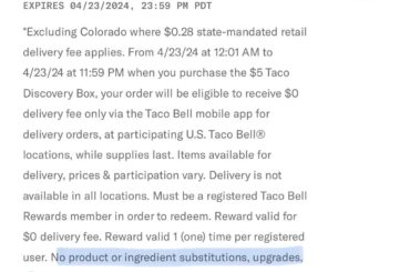 How does this make sense? I tried to get this deal while swapping all meat for black beans but by doing that I no longer qualify for the free delivery offer. I also added a lot of upgrades.