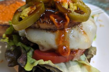 Teriyaki burger with pineapple, jalapeno and a new hot sauce