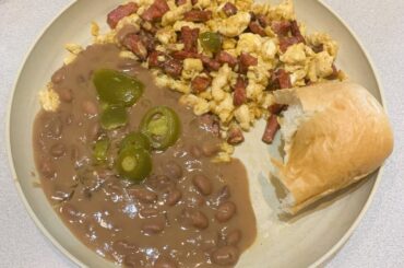 Fried eggs with sausage and beans for lunch