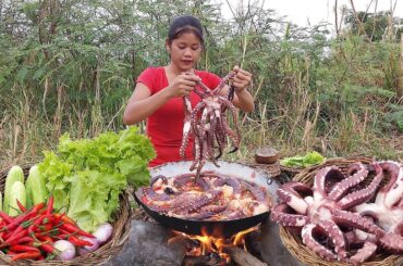 Yummy! Octopus salad Cooking with spicy chili So delicious food - Survival cooking