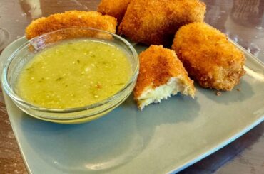 After my mom dissed my bean tacos as “poor food”, I couldn’t resist sending her today’s lunch: Tuna and Potato Croquetas with Salsa Verde