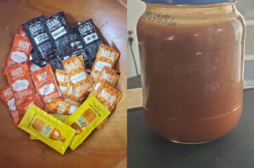 I ran out of hot sauce in the house, and needed something for the burrito I made. All i had was a drawer full of Taco Bell packets. I decided to squeeze all 59 packets I have saved into a jar- instant hot sauce.