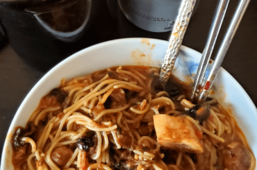 Spicy Short Rib Noodles and Cold Brew coffee with Diet Coke.