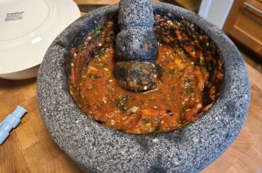 Salsa Molcajeteada with home grown tomatoes and jalapenos