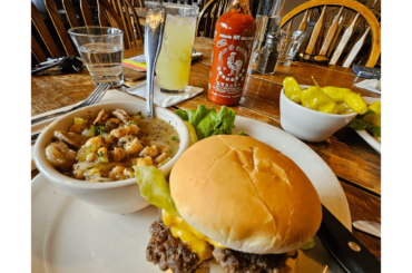 Smash and Soup from the neighborhood Pub with OG Sriracha and extra pepperoncini