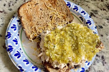 Fermented Three pepper relish on chicken salad sandwich.