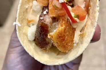 Crispy pork belly tacos witj chipotle crema