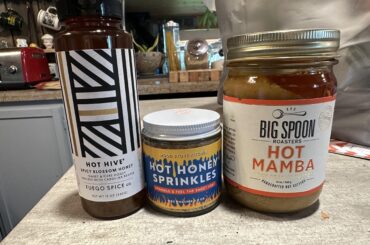 Newest acquisitions- Carolina Reaper honey, hot honey sprinkles (chipotle), and spicy peanut butter (guajillo, ancho, and habanero)