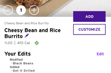 You can apparently swap to black beans in the cheesy bean and rice burrito for FREE?