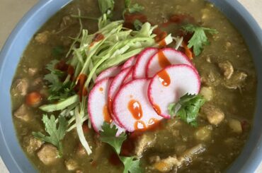 Pazole verde & hatch green chili mash up with pork neck, pork shoulder, hatch chiles, hominy, etc