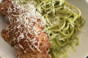 Green poblano peppers pasta with grilled chicken breast