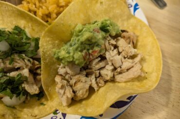 Homemade grilled chicken tacos, rice and beans! (And pico)