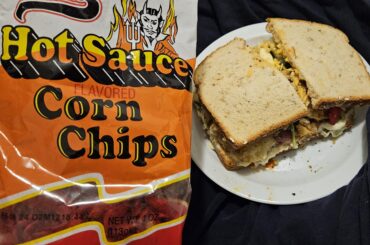 Turkey/ham sandwich with Louisiana hot sauce, cayenne pepper and some more extras, along with some crunchers