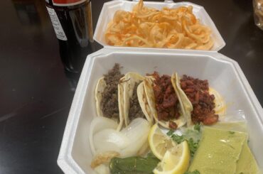 Gas station tacos down the street.