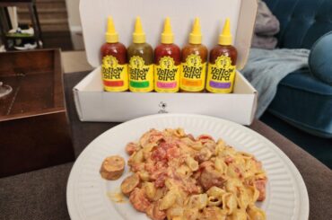 Box Mac n Cheese with tomatoes, chicken sausage, tomatoes are extra parm. Time to do some hard science.