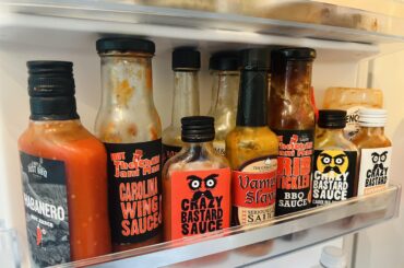 The hot sauce shelf. Need more room haha.