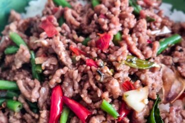 made my favorite spicy street food dish: Thai Pad Krapao or Holy-Basil Stir Fry