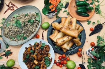 Camarones a la diabla, cilantro and black lime rice, and three cheese nopali tacos fritos